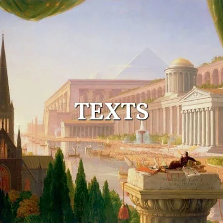 Mnemosyne Texts: painting with ancient temples and a pyramid (Thomas Cole), title lettering over the image
