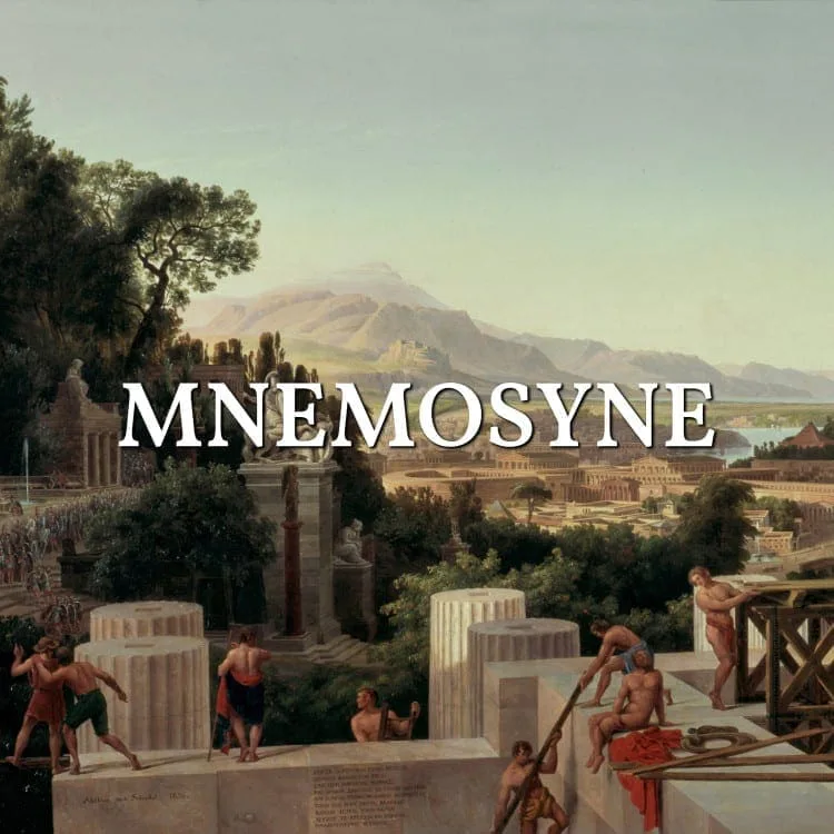 Mnemosyne: Ausschnitt eines historischen Gemäldes mit antiker Säulenhalle, Schriftzug über dem Bild