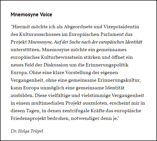 Mnemosyne Voice von Dr. Helga Trüpel: Textblatt mit ihrem Statement zur Unterstützung des Projekts Mnemosyne