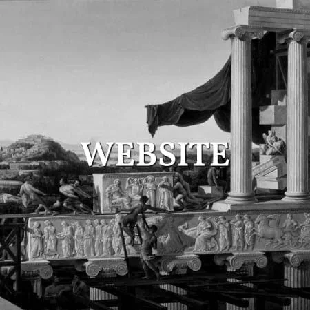 Mnemosyne Website: Ausschnitt eines historischen Gemäldes mit einer Tempelhalle, Schwarz-Weiß, Schriftzug über dem Bild