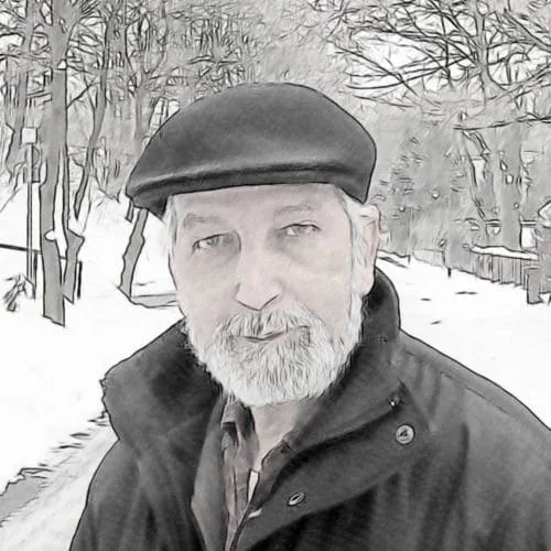 El Arbi Bouqdib in 2013: elderly man with a beard and flat cap in a snowy park, rendered as a drawing