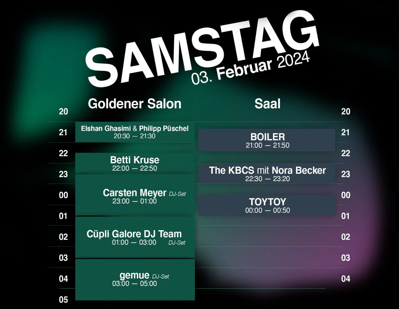 Programmtafel „Samstag, 3. Februar 2024“ mit den Auftritten im Goldenen Salon und im Saal, darunter Elshan Ghasimi & Philipp Püschel